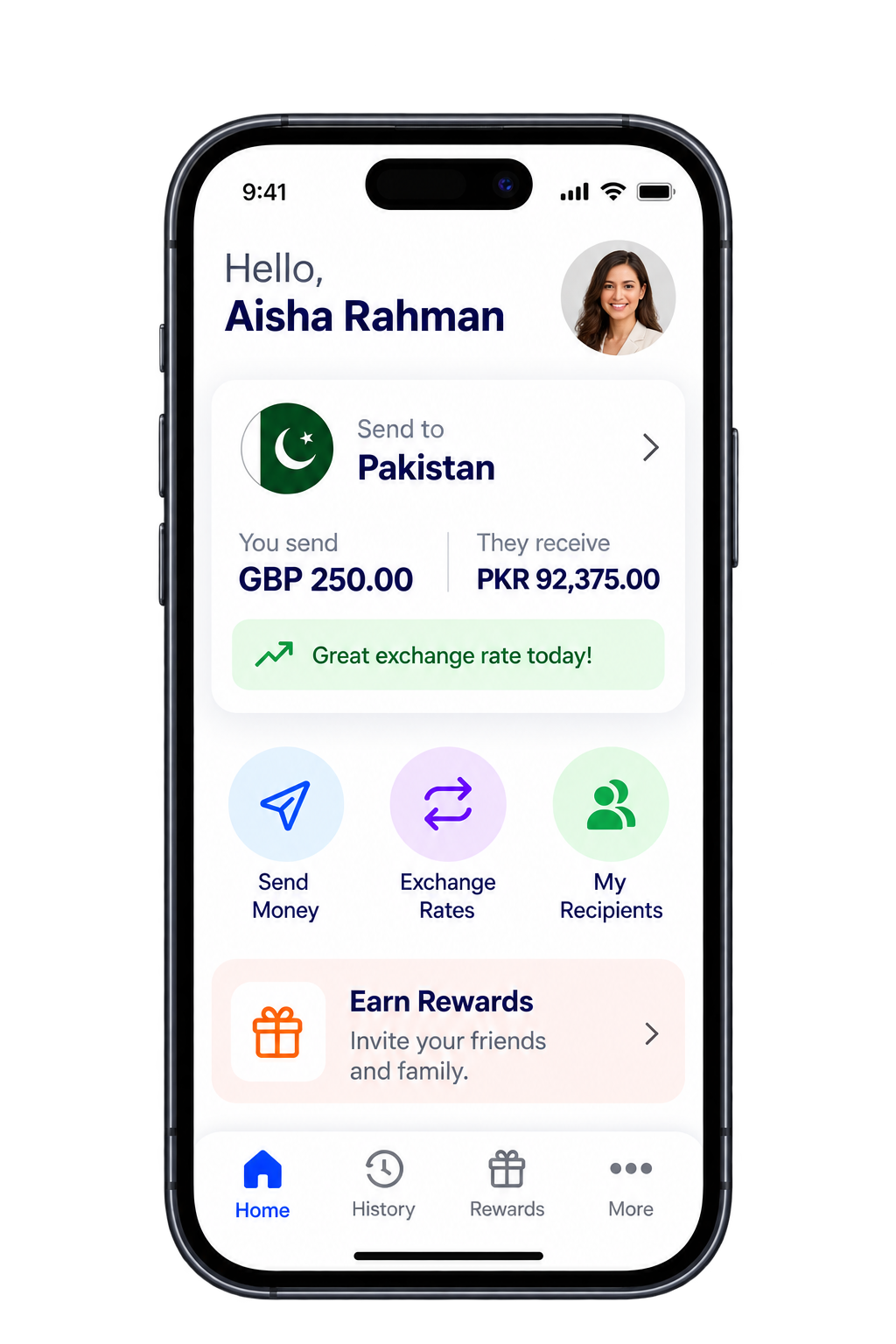 DE Money Transfer mobile app dashboard